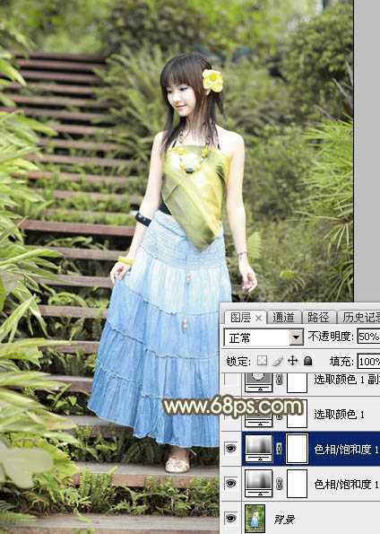 ‘Photoshop为台阶上的美女加上唯美的阳光暖褐色‘