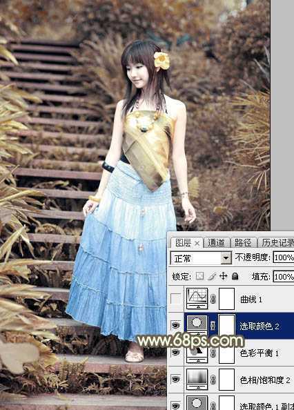 ‘Photoshop为台阶上的美女加上唯美的阳光暖褐色‘