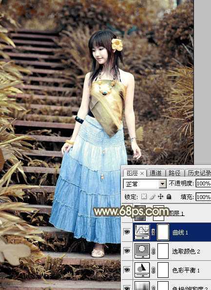 ‘Photoshop为台阶上的美女加上唯美的阳光暖褐色‘