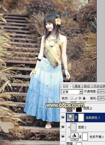 ‘Photoshop为台阶上的美女加上唯美的阳光暖褐色‘