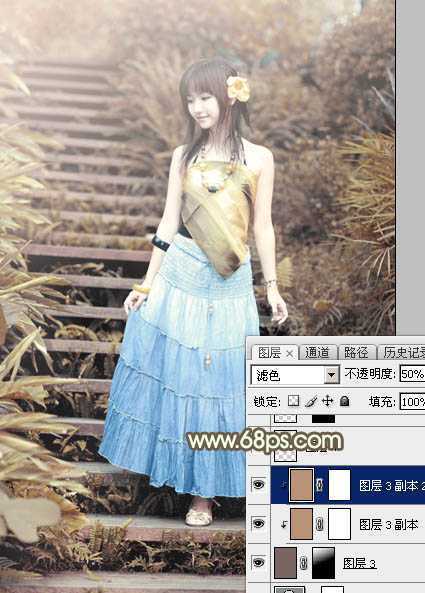 ‘Photoshop为台阶上的美女加上唯美的阳光暖褐色‘
