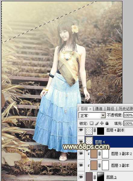 ‘Photoshop为台阶上的美女加上唯美的阳光暖褐色‘