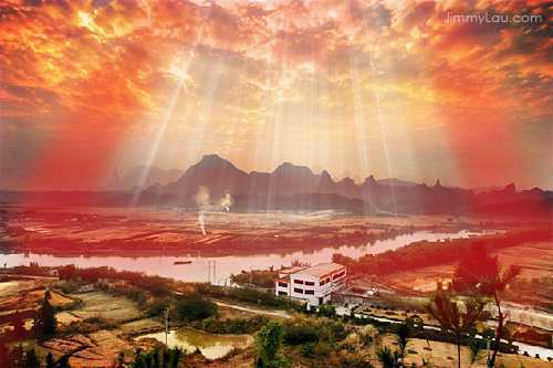 ‘Photoshop为山水图片制作模拟耶稣光(云间透射出来的光束)‘
