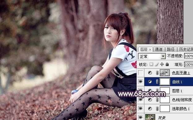 ‘Photoshop将树林中的美女加上柔美的秋季晨曦色‘