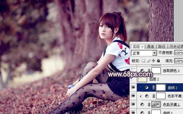 ‘Photoshop将树林中的美女加上柔美的秋季晨曦色‘