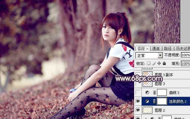 ‘Photoshop将树林中的美女加上柔美的秋季晨曦色‘