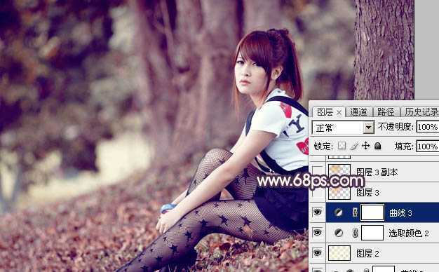 ‘Photoshop将树林中的美女加上柔美的秋季晨曦色‘