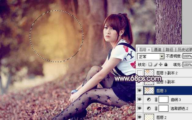 ‘Photoshop将树林中的美女加上柔美的秋季晨曦色‘