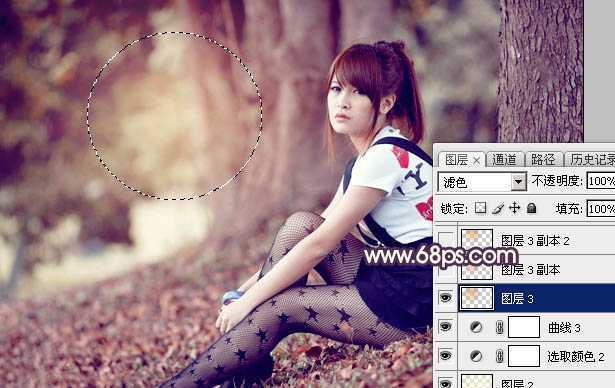 ‘Photoshop将树林中的美女加上柔美的秋季晨曦色‘