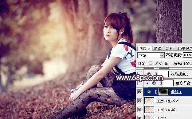 ‘Photoshop将树林中的美女加上柔美的秋季晨曦色‘