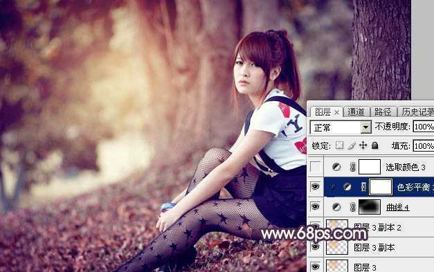 ‘Photoshop将树林中的美女加上柔美的秋季晨曦色‘