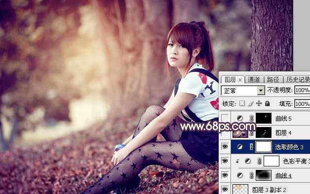 ‘Photoshop将树林中的美女加上柔美的秋季晨曦色‘