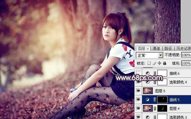 ‘Photoshop将树林中的美女加上柔美的秋季晨曦色‘
