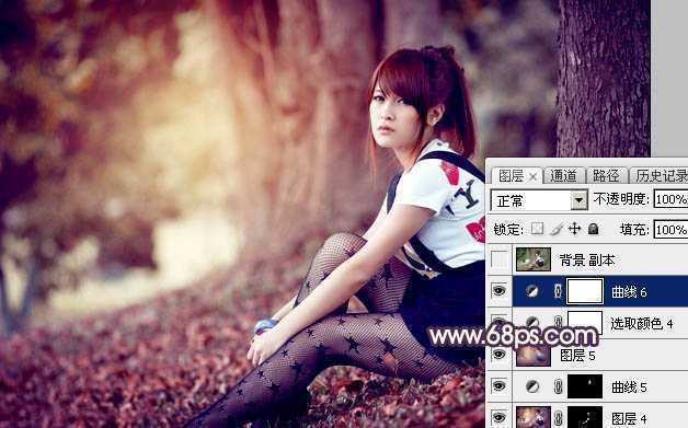 ‘Photoshop将树林中的美女加上柔美的秋季晨曦色‘