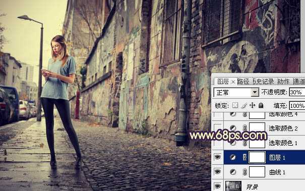 ‘Photoshop将街景人物图片打造出颓废的暗调橙红色效果‘