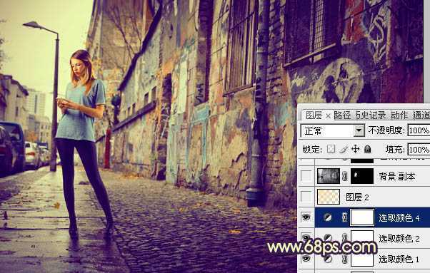 ‘Photoshop将街景人物图片打造出颓废的暗调橙红色效果‘