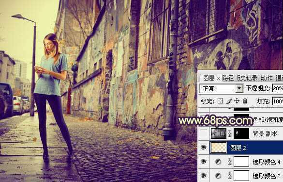 ‘Photoshop将街景人物图片打造出颓废的暗调橙红色效果‘