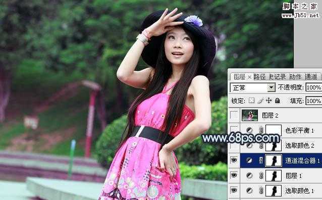 ‘Photoshop将外景人物图片调制成甜美的暗青色‘
