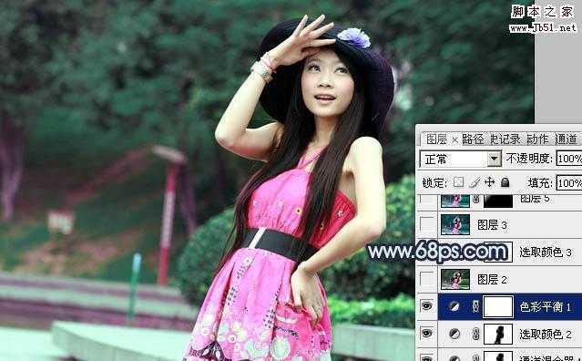 ‘Photoshop将外景人物图片调制成甜美的暗青色‘