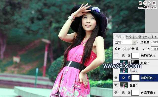 ‘Photoshop将外景人物图片调制成甜美的暗青色‘