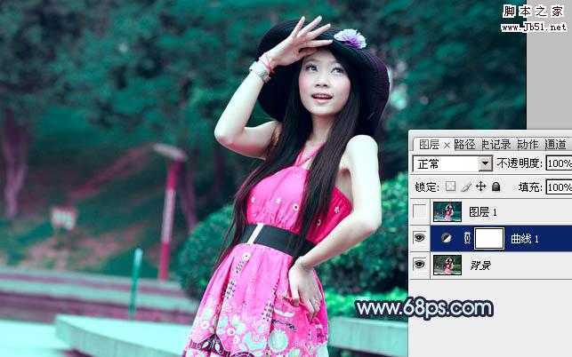 ‘Photoshop将外景人物图片调制成甜美的暗青色‘