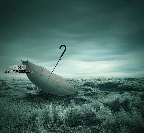 ‘photoshop合成孤单的雨伞飘落在迷人且凄凉的草原场景‘