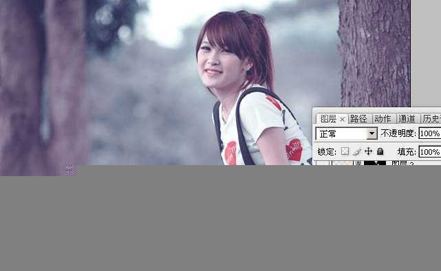 ‘photoshop利用通道替换为树林美女增加柔美的淡调蓝紫色‘