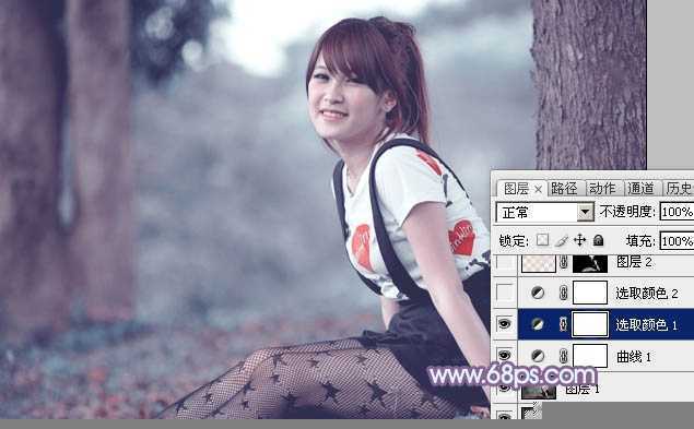 ‘photoshop利用通道替换为树林美女增加柔美的淡调蓝紫色‘