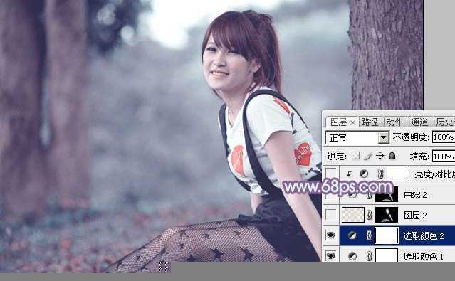 ‘photoshop利用通道替换为树林美女增加柔美的淡调蓝紫色‘