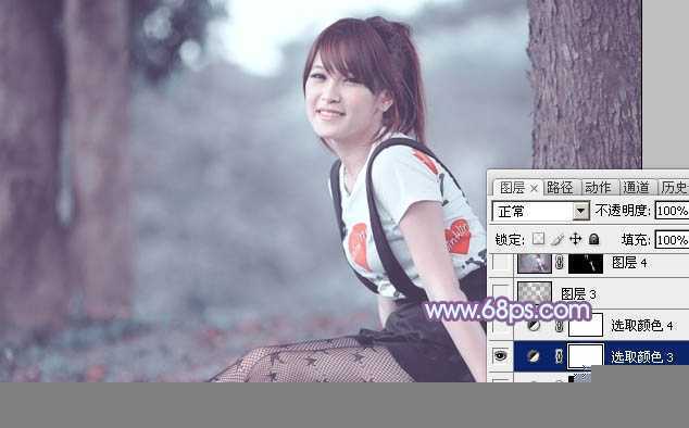‘photoshop利用通道替换为树林美女增加柔美的淡调蓝紫色‘