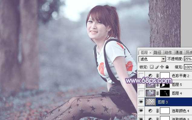 ‘photoshop利用通道替换为树林美女增加柔美的淡调蓝紫色‘