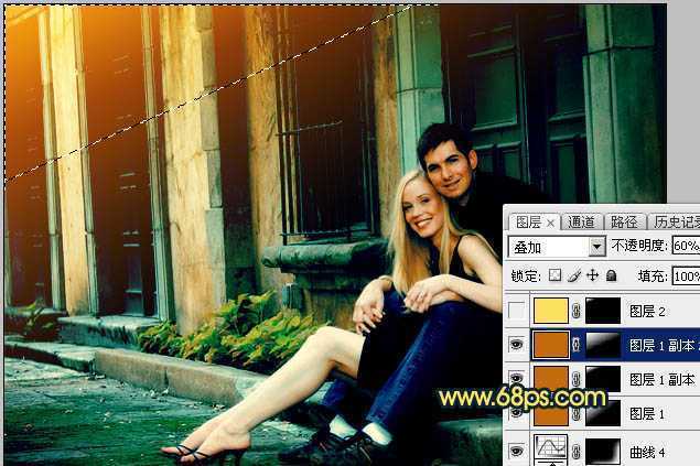 ‘Photoshop调出欧美暗青色建筑边的情侣图片‘