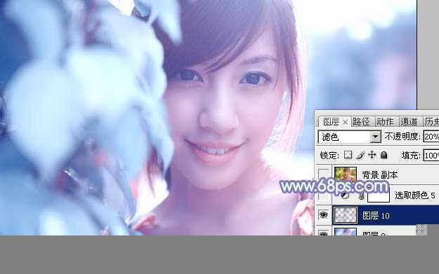 ‘photoshop利用通道替换将树叶边的美女图片调出梦幻的淡蓝色‘
