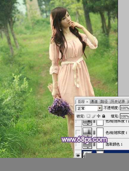 ‘Photoshop将树林中的美女调制出梦幻的淡冷色‘