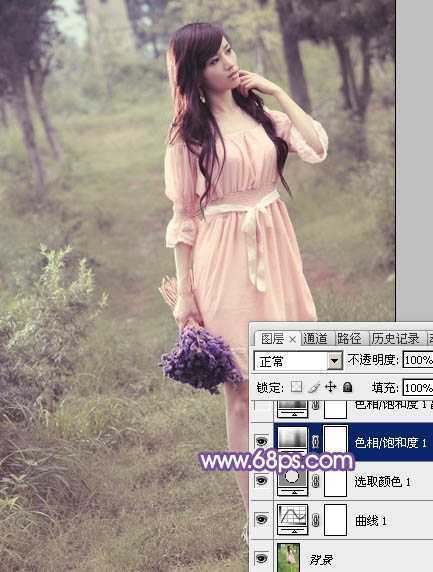 ‘Photoshop将树林中的美女调制出梦幻的淡冷色‘