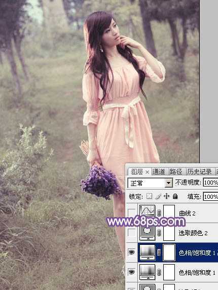 ‘Photoshop将树林中的美女调制出梦幻的淡冷色‘