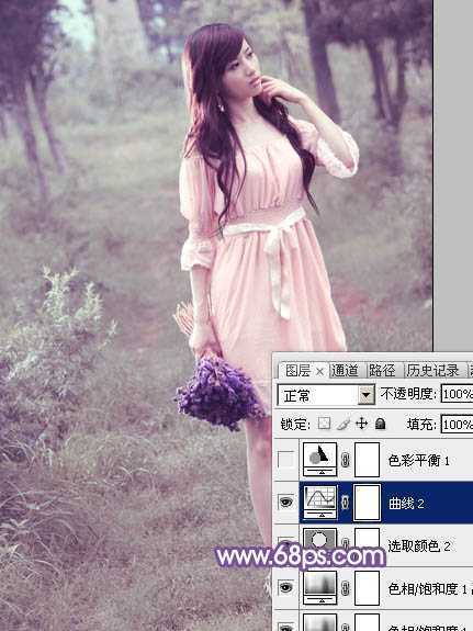 ‘Photoshop将树林中的美女调制出梦幻的淡冷色‘