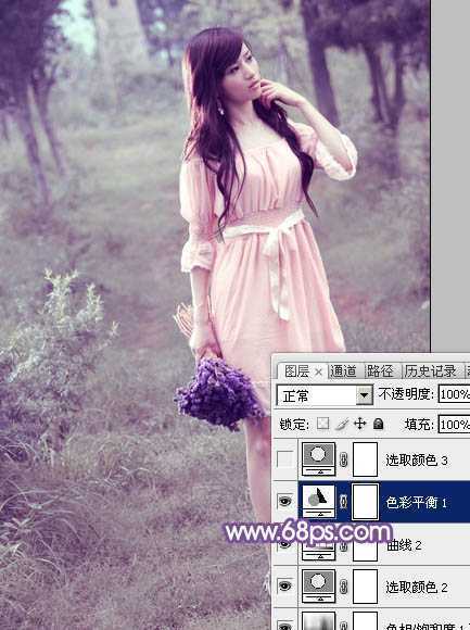 ‘Photoshop将树林中的美女调制出梦幻的淡冷色‘