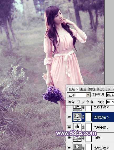 ‘Photoshop将树林中的美女调制出梦幻的淡冷色‘