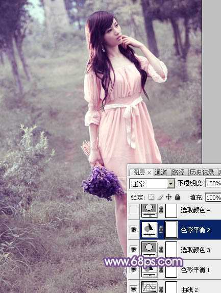 ‘Photoshop将树林中的美女调制出梦幻的淡冷色‘