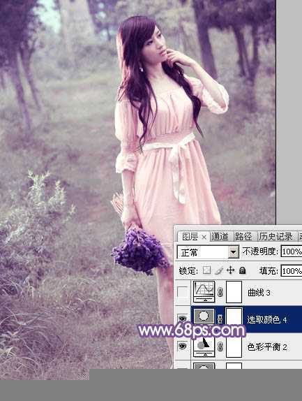‘Photoshop将树林中的美女调制出梦幻的淡冷色‘