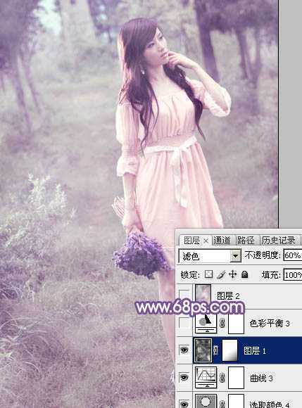 ‘Photoshop将树林中的美女调制出梦幻的淡冷色‘