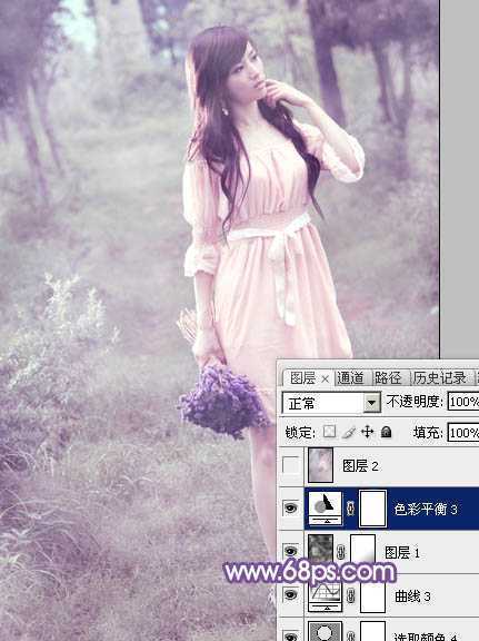 ‘Photoshop将树林中的美女调制出梦幻的淡冷色‘
