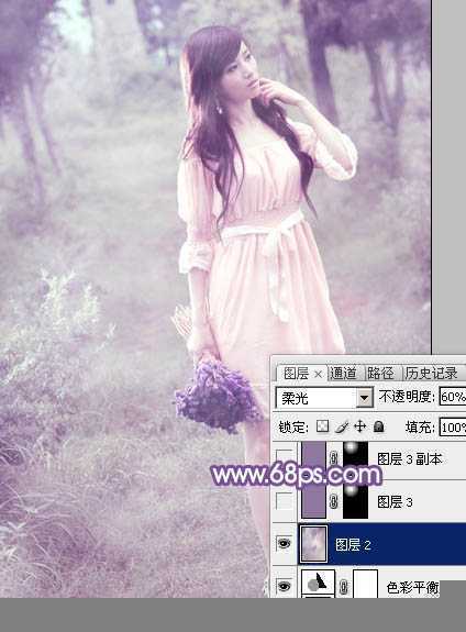 ‘Photoshop将树林中的美女调制出梦幻的淡冷色‘