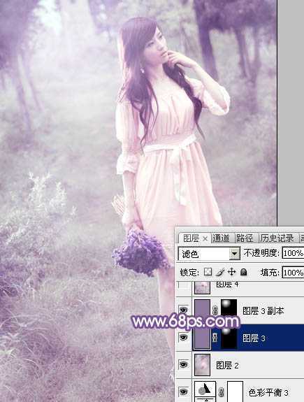 ‘Photoshop将树林中的美女调制出梦幻的淡冷色‘