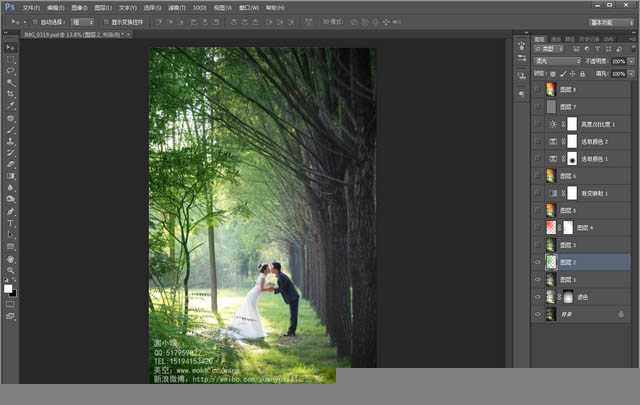 ‘Photoshop为偏暗的树林婚片增加灿烂的阳光色彩‘