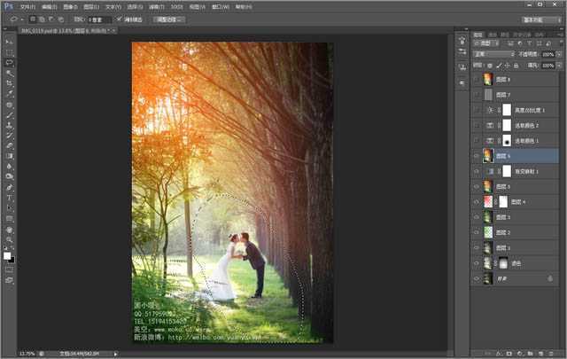 ‘Photoshop为偏暗的树林婚片增加灿烂的阳光色彩‘