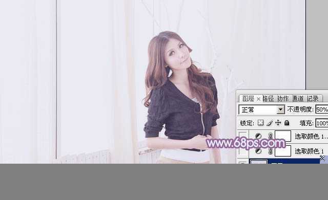 ‘Photoshop为室内美女调制出柔和的韩系淡紫色‘
