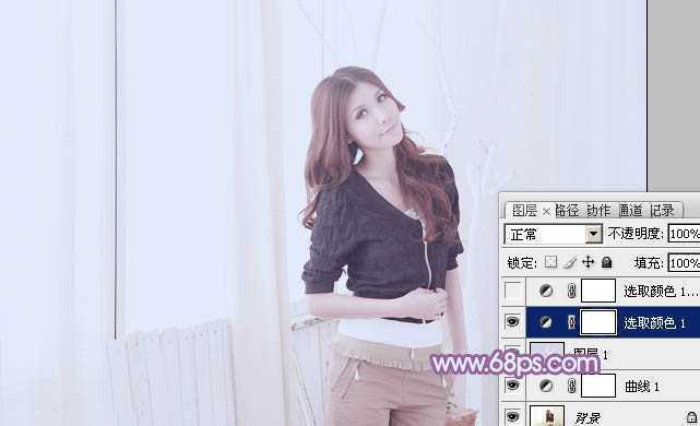 ‘Photoshop为室内美女调制出柔和的韩系淡紫色‘