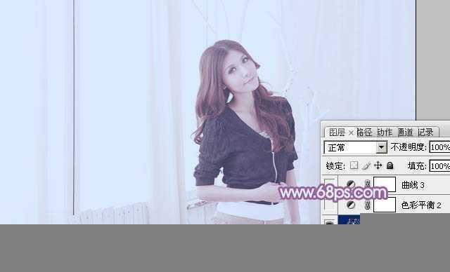 ‘Photoshop为室内美女调制出柔和的韩系淡紫色‘